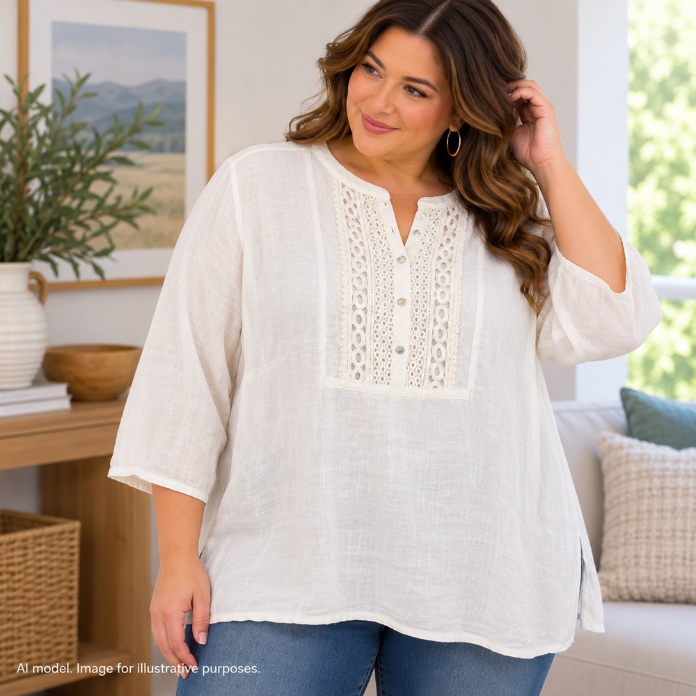 Ruby Rd Shirt Womens 1X Off White Linen Band Collar Cottage Lagenlook Coastal